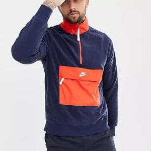 Nike Mens Borg Sweat Pullover L Blue Red Fleece Sweater Half Zip Kangaroo Pocket